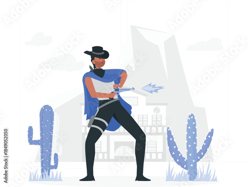 Cowboy holding gun standing between cacti with building in background cactus western