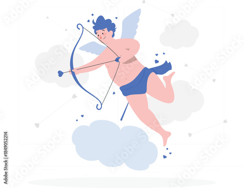 Cupid flying with bow and arrow among clouds and hearts cherub winged blue hair blue underwear