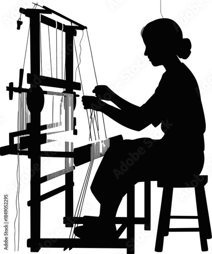 Black Silhouette of a Female Weaver Working on a Traditional Wooden Textile Loom Creating Fabric in a Craft Workshop Setting