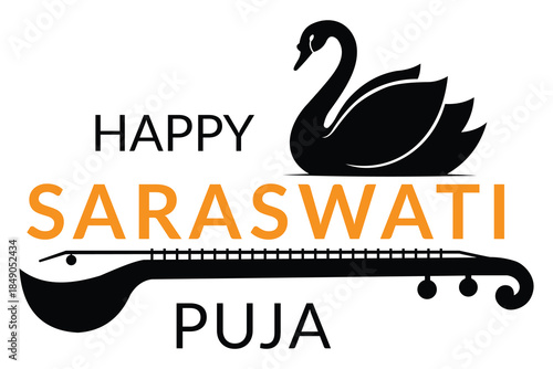 Happy Saraswati puja vector design with swan and veena illustration for indian festival celebration and greeting card.