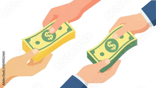 Hands exchanging stacks of us dollar currency illustrating a financial transaction