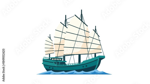 A beautiful illustration of a traditional chinese junk ship sailing on water