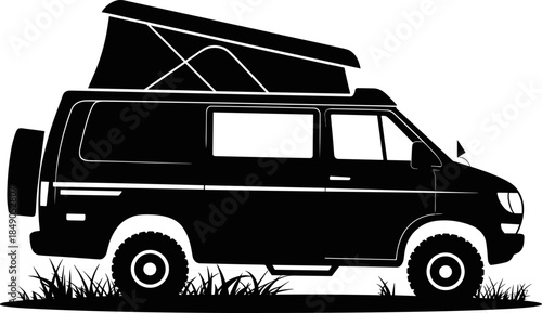 Black Silhouette of a Modern Camper Van with Pop Up Roof Tent for Off Road Camping and Outdoor Adventure Travel
