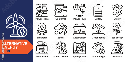 Alternative Energy line editable icon set. Containing alternative, energy, renewable, green, eco, clean and more. Editable stroke. Vector illustration