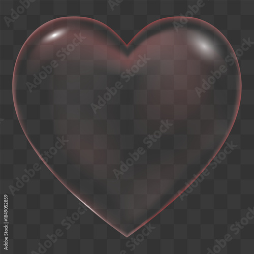 Red Heart Transparent for Valentines day.Wedding invitation 3d Crystal clear glass heart shape.Vecor Icon love symbol,Fluid gradient hart soap bubble for Beauty product,moisture
