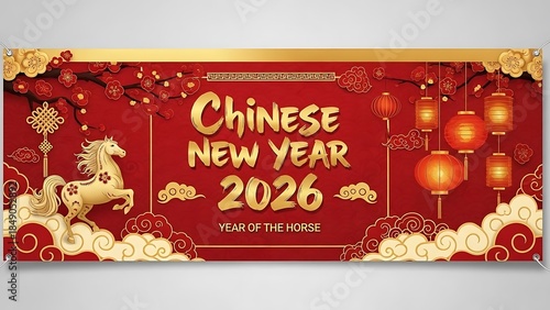 Chinese new year 2026 celebration banner with golden horse, lanterns, and red background, symbolizing good fortune and prosperity in the year