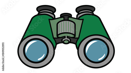 A cartoon illustration of a pair of green binoculars with silver details