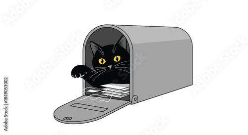 Curious black cat peeks out of a gray mailbox with its paw resting on the door while bright yellow eyes watch the yard from a quiet suburban dawn.