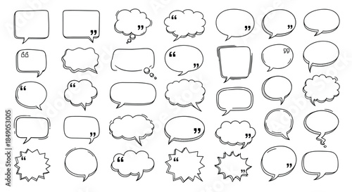Vibrant collection of hand drawn speech bubbles in various shapes and sizes arranged in neat rows across a monochrome doodle illustration.