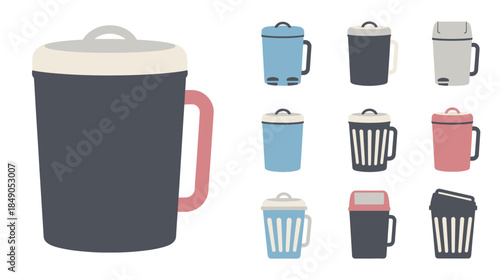 Collection of reusable travel mugs and cups in various colors and styles