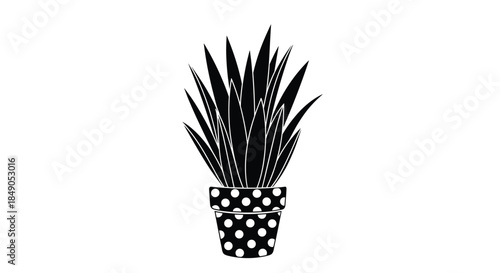 Tall spiky plant in a polka dot pot creates a bold black silhouette against a white background for modern decorative imagery and graphic design use.