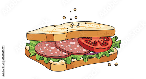 Delicious stacked sandwich with fresh lettuce tomato slices ham and cheese layered between two slices of bread ready for a satisfying lunch.