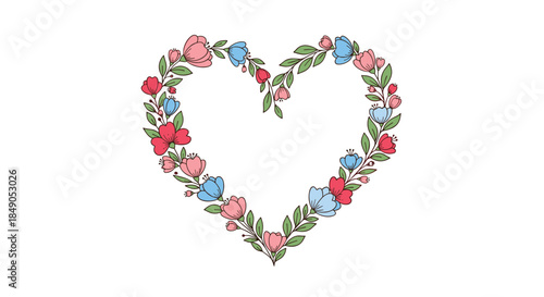 Delicate floral heart created from pastel blossoms and green leaves forming a decorative frame that conveys romance and a nature inspired charm.