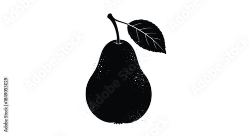 Black and white illustration of a ripe pear with a single leaf hanging from a curved stem showcased in a bold minimalist style.