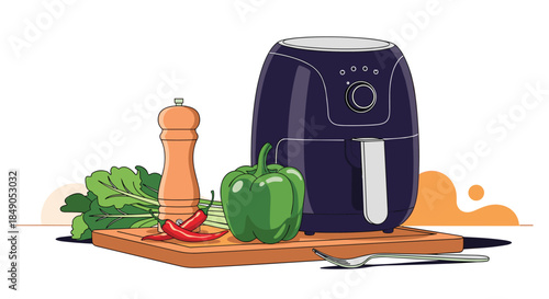 Modern kitchen scene features a compact air fryer beside a cutting board piled with fresh peppers leafy greens and a pepper grinder ready for healthy meal prep.