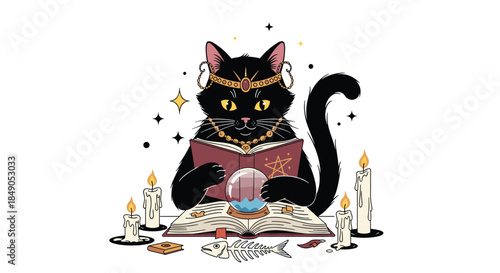 Mystical black cat wearing a jeweled crown and necklace reads a glowing spellbook beside candles a crystal ball and a fishbone ritual scene for a magical study.