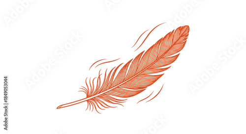 Vibrant orange feather with delicate barbs and subtle motion lines conveys lightness and artistic whimsy on a clean white background.
