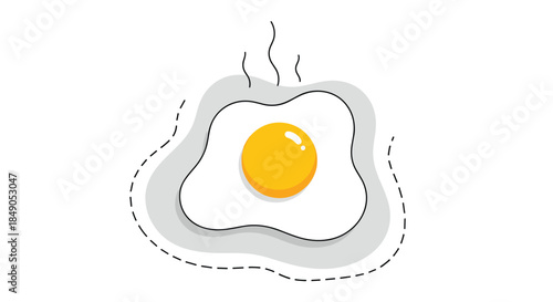 Sunny side up egg rests on an abstract plate with layered shapes and soft shadows conveying a modern breakfast illustration.