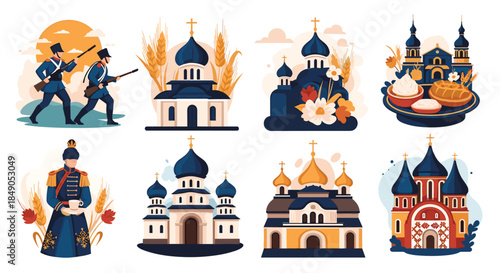 Russian heritage collage depicting soldiers in traditional dress ornate churches with onion domes harvest bread and festive architecture in a bright illustration.