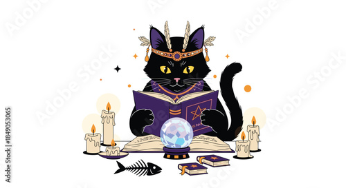 Studious black cat wearing a feather crown reads a spell book beside candles and a glowing crystal ball during a mystic gathering.