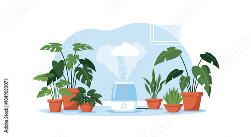 Lush green houseplants surround a small white humidifier emitting a soft mist in a bright indoor space by a window creating a calm mood with varied leaves.