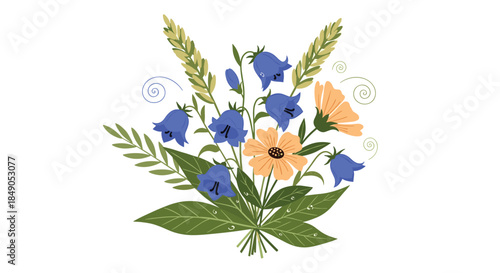 Softly arranged bouquet features blue bellflowers orange blossom and lush green leaves in a bright decorative illustration suitable for spring greeting designs.