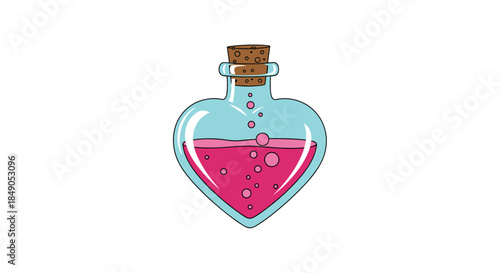 Whimsical heart shaped glass bottle holds a vivid pink potion with a cork stopper and bubbles that suggest magical science and curious alchemy.