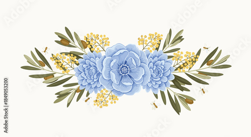 Blue peonies and yellow mimosa with olive leaves create a graceful floral display that brings calm color and balanced elegance to any interior.