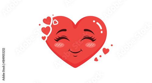 Heart shaped emoji with a smiling face and rosy cheeks is surrounded by tiny hearts in a cute cartoon style conveying warmth joy and affection.