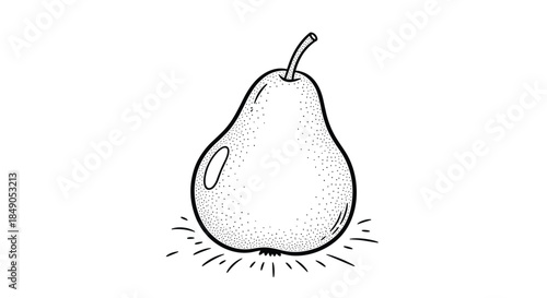 Pear illustration in black and white line art with hand drawn style and dotted shading highlighting the organic pear shape.