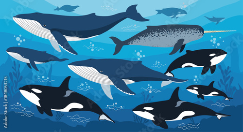 Vast underwater scene with multiple whales and orcas swimming together through a deep blue ocean as bubbles rise and sunlight filters through the water.