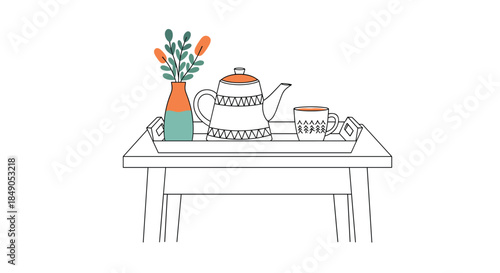 Soft illustration shows a tea service on a tray with a patterned teapot a striped mug and a vase of orange flowers creating a calm kitchen still life.