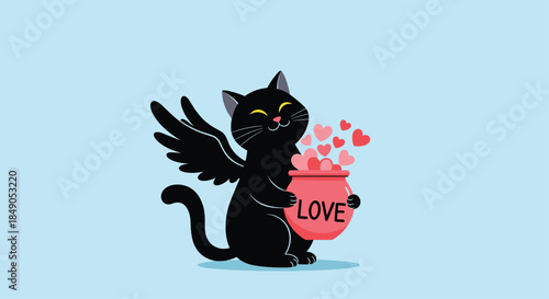 Black winged cat sits beside a pink love jar releasing tiny hearts in a soft blue background creating a charming whimsical valentine scene.