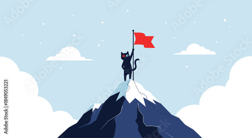 Brave black cat stands atop a snow capped peak planting a red flag as the sun and clouds frame a triumphant moment on a clear mountain day.