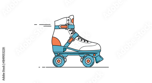 Illustration of a white and blue roller skate with orange details showing a retro styled boot and bold wheels in motion on a simple track.