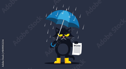 Black cat stands in the rain holding a blue umbrella and a work document while wearing bright yellow boots under a dark sky.