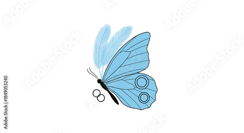 Blue butterfly with translucent sky blue wings and circular eye patterns rests gracefully on a white background evoking serenity and delicate nature artistry.