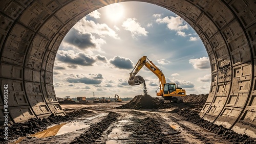 Excavator Working at Construction Site Viewed Through Tunnel Frame