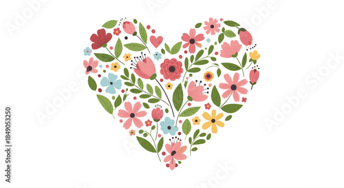 Heart shaped collage composed of colorful flowers and green leaves forming a cheerful bouquet inspired floral design for lovers and nature enthusiasts.