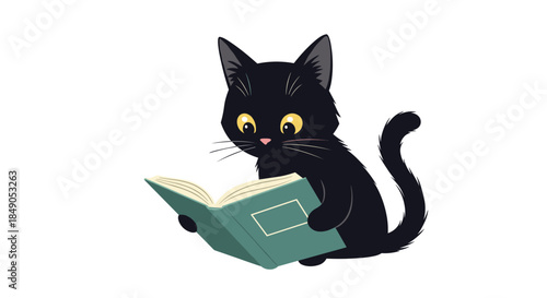 Curious black cat sits upright and studies an open green book with wide yellow eyes while soft light highlights fur in a whimsical reading moment.