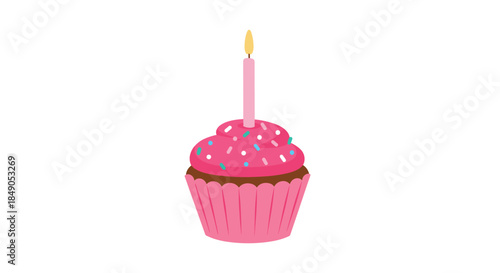 Delicate pink cupcake topped with colorful sprinkles and a single lit candle creates a cheerful birthday scene perfect for celebrations and treats.