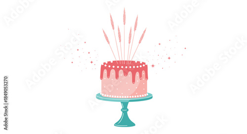 Pink birthday cake on a turquoise cake stand with pink dripping icing and sparkling bursts rising above it for a festive celebratory scene.