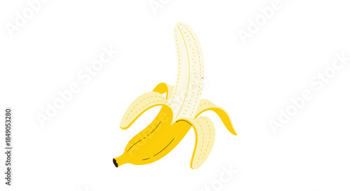 Bright illustration of a ripe yellow banana with curved peels around it presented in a clean minimalist style ideal for stock photos and design projects.