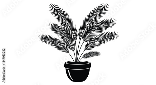 Silhouette of a potted palm plant with arching fronds in a simple round pot shown as a stark black illustration ideal for minimalist home decor imagery.