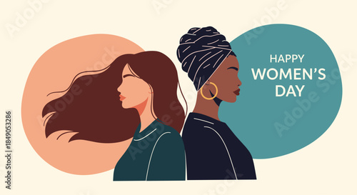 Two stylish women stand back to back beneath pastel circles celebrating the strength resilience and beauty of women on a joyful day dedicated to empowerment.