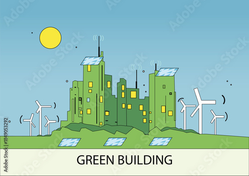 Green building and sustainable city illustration featuring eco-friendly architecture, renewable energy with wind turbines and solar panels, and modern urban design. Ideal for sustainability, comics st