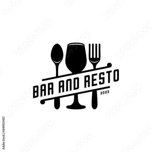 Bar and resto, spoon, fork and a glass of wine design