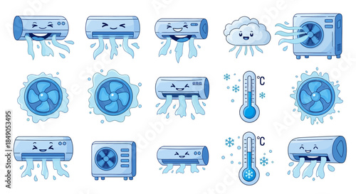 A collection of cute cartoon air conditioners, fans, and thermometers illustrating cooling and cold temperatures with blue frosty effects.