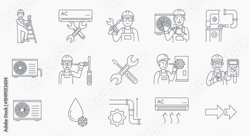 Line art icons depicting HVAC repair, installation, and maintenance services by technicians.