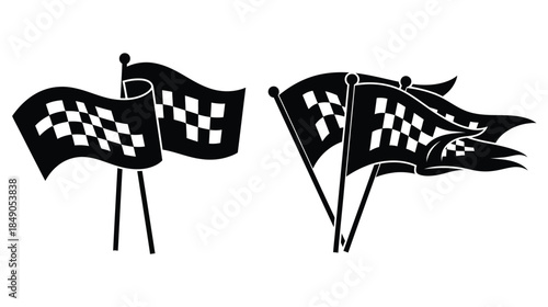 Black and white illustration of racing flags waving in a competitive setting
